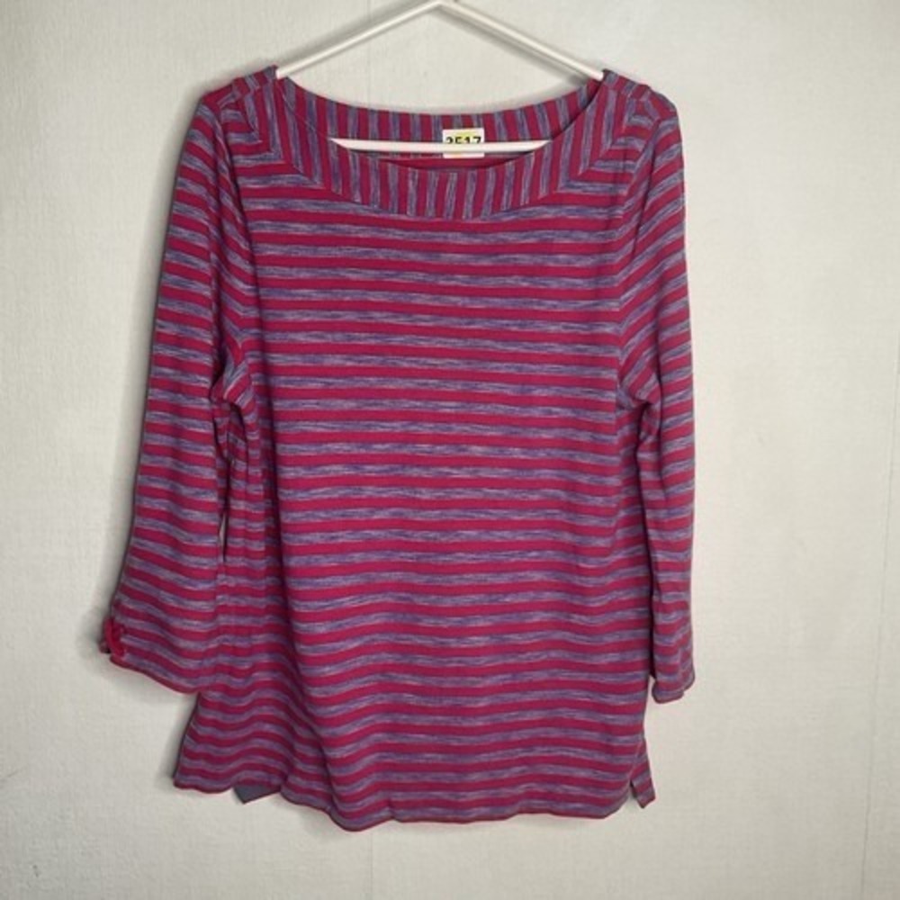 Talbots Pink/Blue Textured Striped 3/4 Sleeve T-Shirt Women L Indonesia Cotton